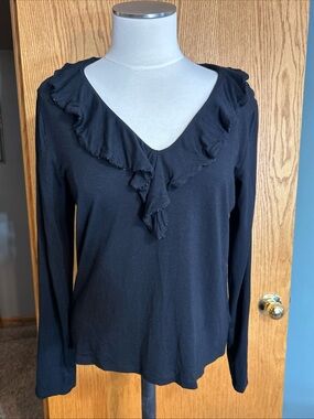 Lauren Ralph Lauren top Size XLarge Solid Black Ruffle V Neck Shirt Long Sleeve